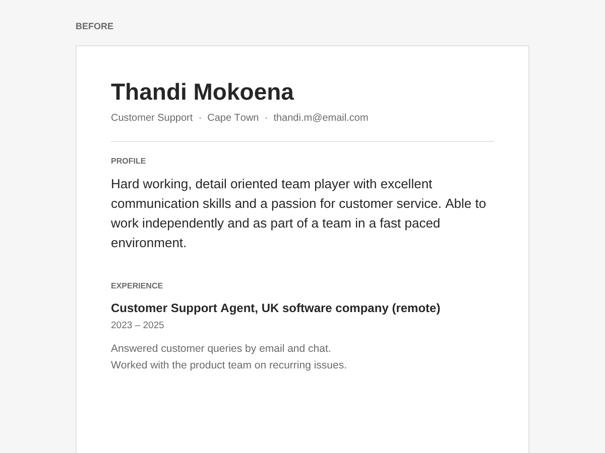 CV opening with a generic hard working team player paragraph